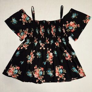 Torrid Floral Cold Shoulder Smocked Black Top Plus Size 3 Flowy Blouse